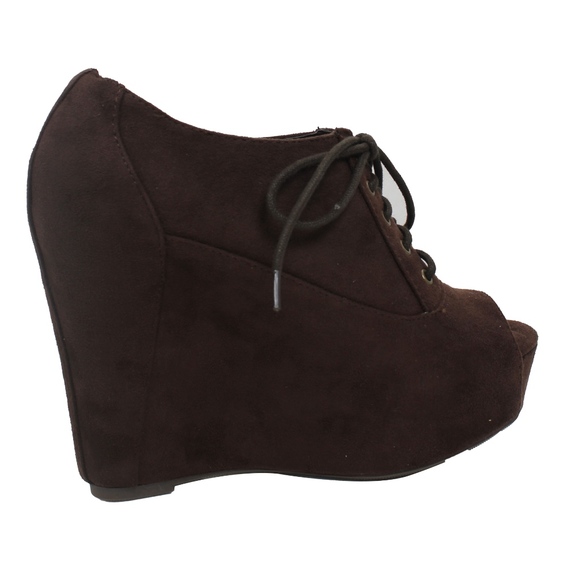 Brown Faux Suede Peep Toe Lace Up Platform Wedge - Picture 3 of 4